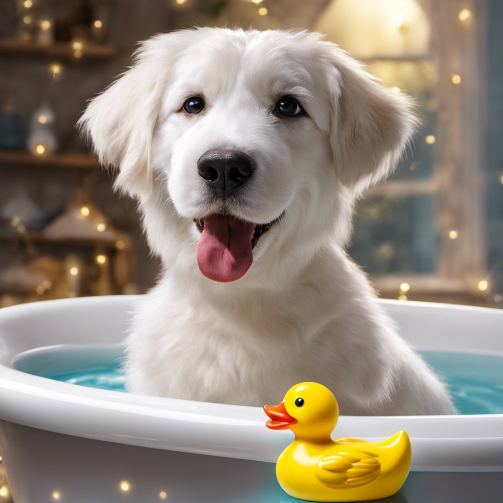 An image showcasing a gleaming white bathtub filled with warm, bubbly water, adorned with a colorful rubber ducky