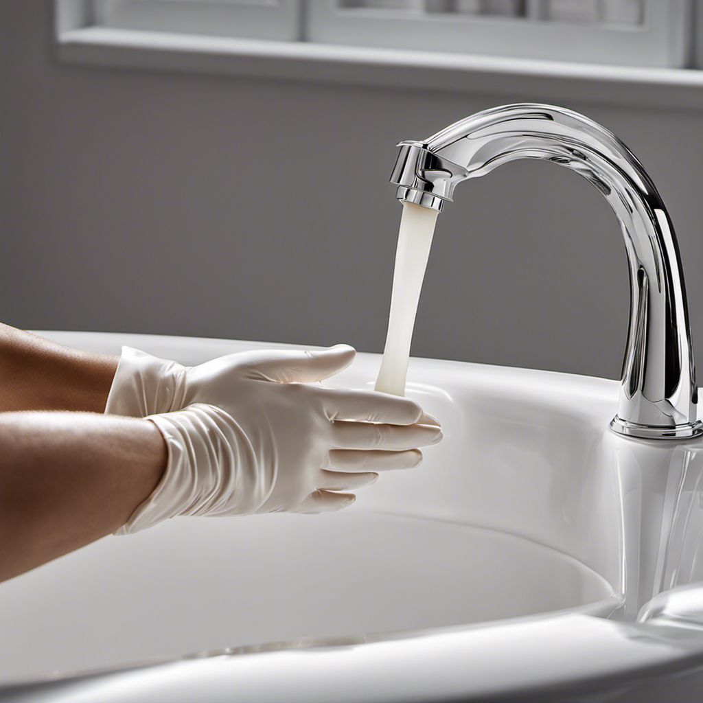 An image that focuses on a pair of gloved hands delicately applying a smooth, glossy glaze onto a pristine white bathtub surface
