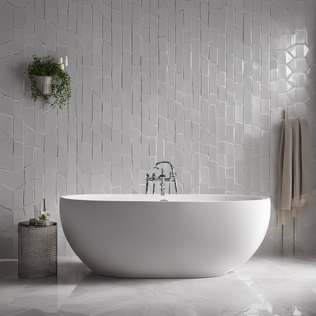 An image showcasing a close-up of a gloved hand spreading grout evenly between ceramic tiles on a bathtub surround