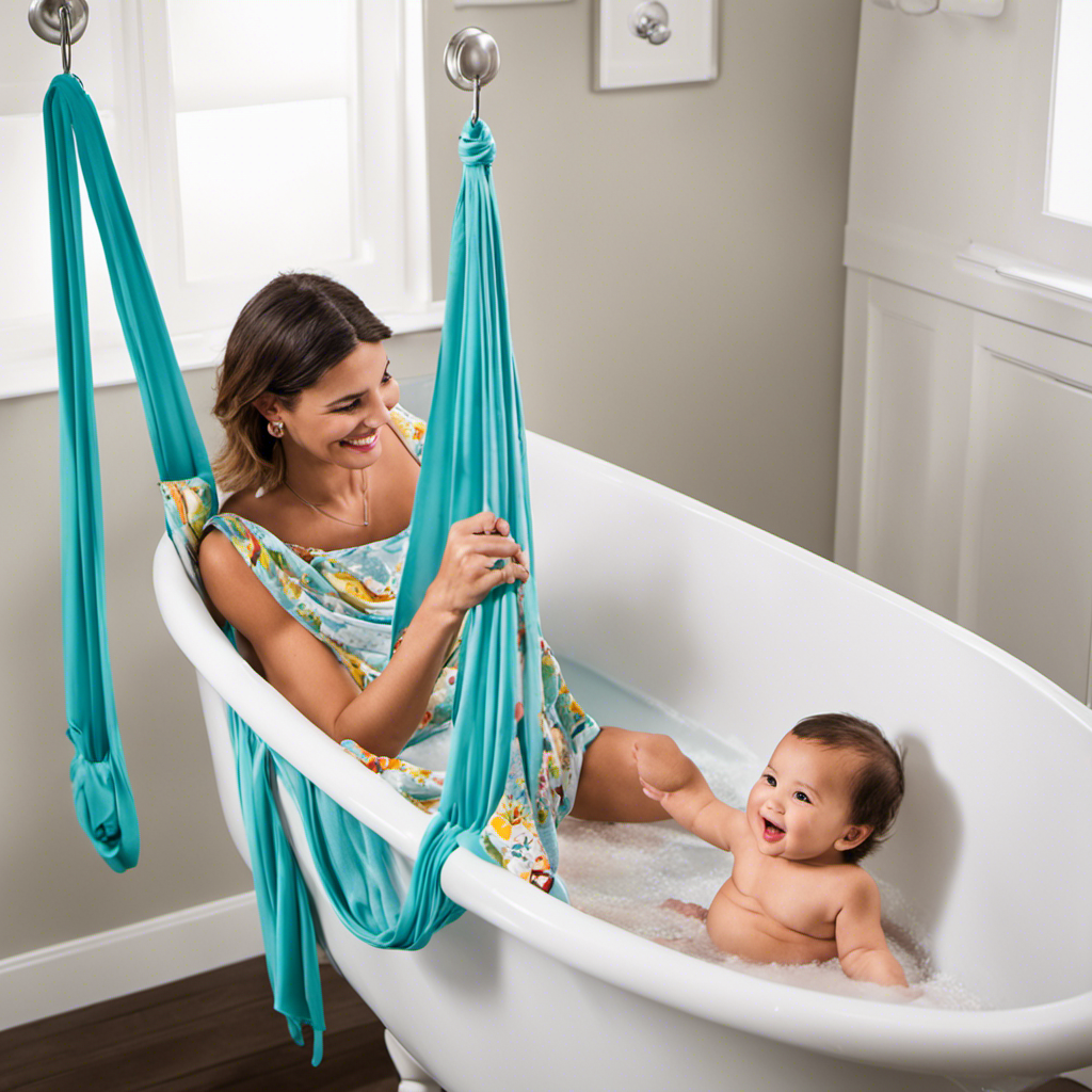 An image showcasing step-by-step instructions on hanging a baby bathtub: a sturdy metal hook securely fastened to a bathroom wall, a colorfully patterned fabric sling dangling from it, and a smiling parent placing a happy baby in the sling