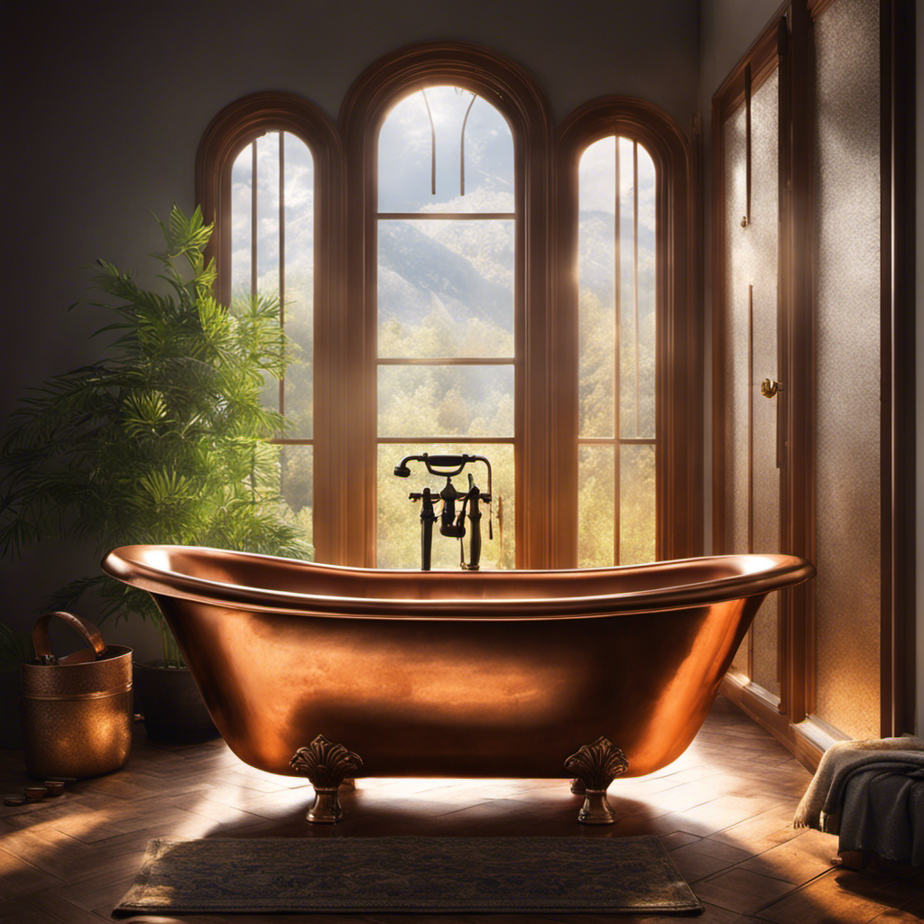 An image showcasing a cozy bathroom scene: a vintage copper bathtub filling with steaming water, as sunlight filters through a frosted window and reflects off gleaming brass faucets