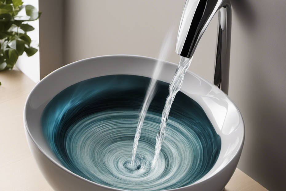 An image showcasing a close-up of a high-pressure water jet forcefully flushing a toilet, capturing the water's dynamic flow and the intense swirling motion within the bowl