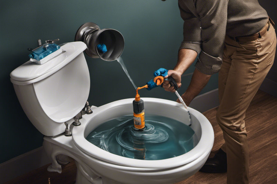 An image showcasing a person using a screwdriver to adjust the float valve in a toilet tank, while another person holds a water hose, directing water into the tank to increase the water level