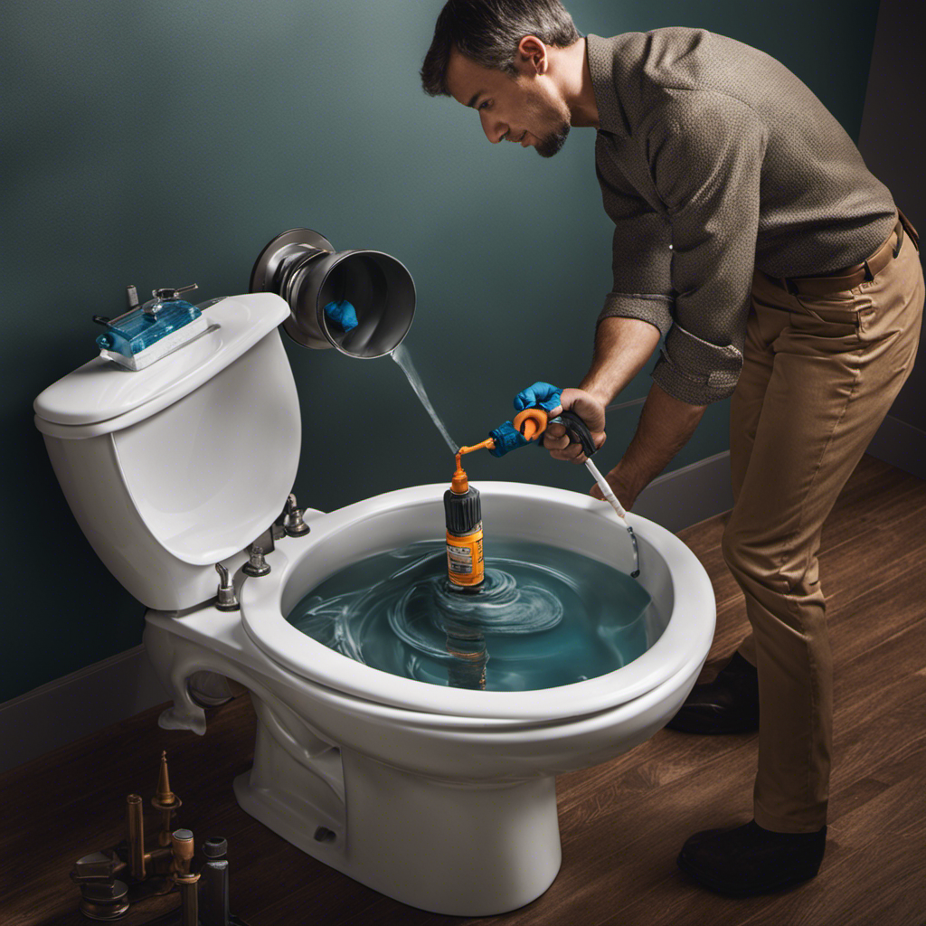 An image showcasing a person using a screwdriver to adjust the float valve in a toilet tank, while another person holds a water hose, directing water into the tank to increase the water level