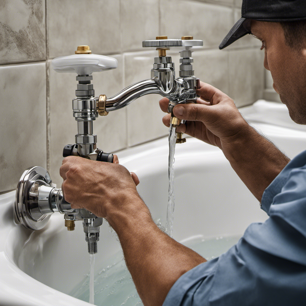An image showcasing a close-up of a plumber adjusting the water pressure regulator valve near a bathtub