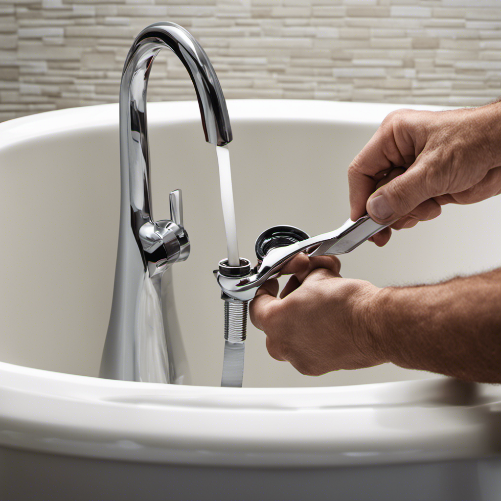 An image showcasing the step-by-step installation process of a bathtub drain: a plumber's hands holding a wrench, removing the old drain, applying putty to the new one, and tightening it securely in place