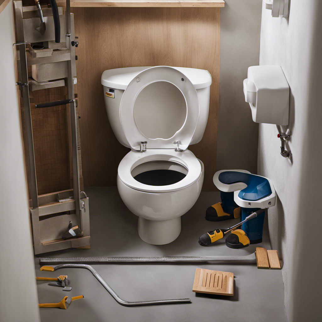 An image capturing the step-by-step process of installing a toilet in the basement: a plumber in coveralls measuring the floor, cutting through concrete, laying pipes, fitting the bowl, and sealing the installation with a wrench
