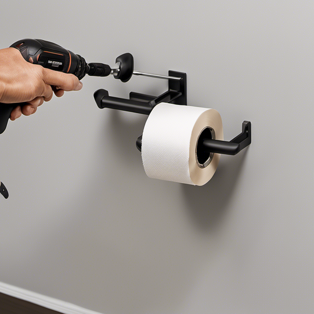 An image capturing the step-by-step process of installing a toilet paper holder: a person holding a screwdriver, aligning the holder on the wall, drilling holes, inserting screws, and finally securing the holder in place
