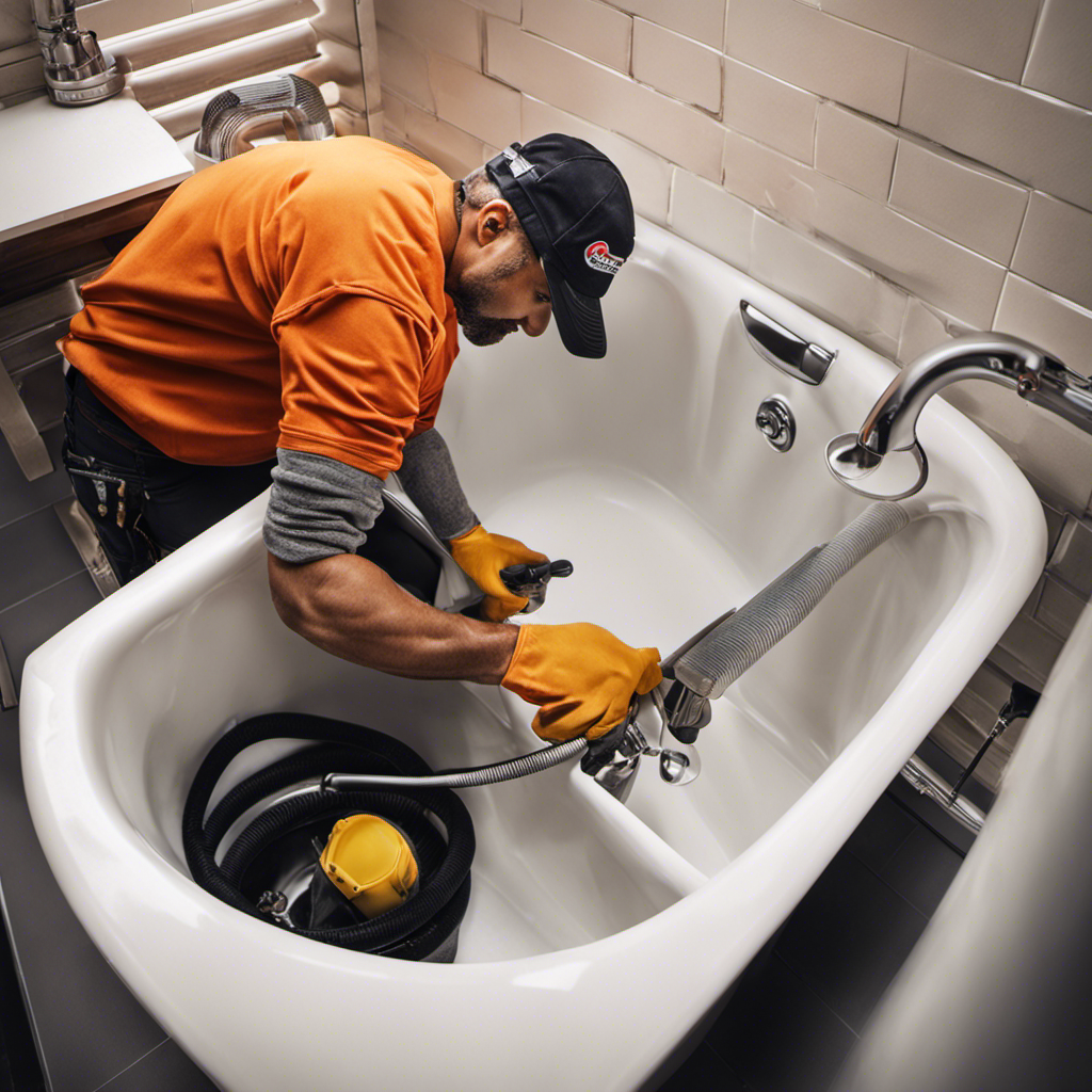 An image showcasing the step-by-step installation of a bathtub: a plumber wearing gloves and using a wrench to connect the drain, while a level is used to ensure the tub is aligned perfectly on the bathroom floor