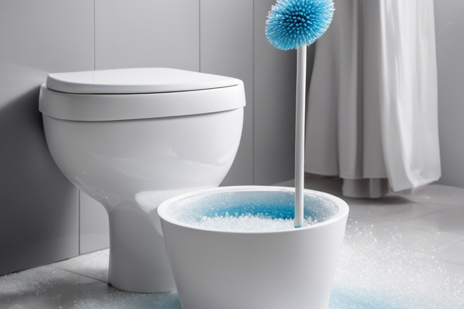 An image showing a sparkling white toilet brush against a backdrop of pristine tiles, surrounded by droplets of disinfectant spray, a pair of rubber gloves, and a small bucket filled with soapy water