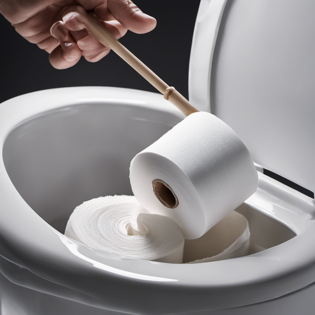 An image showcasing a close-up of a hand gently placing a roll of high-quality, thick toilet paper next to a plunger, while a transparent toilet bowl filled with paper waste remains unclogged in the background