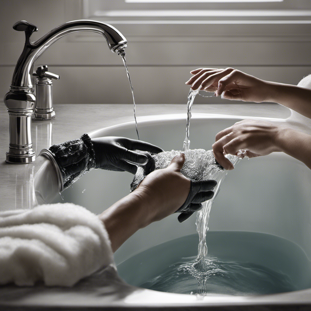 An image that showcases a pair of gloved hands removing clumps of long hair from a bathtub drain