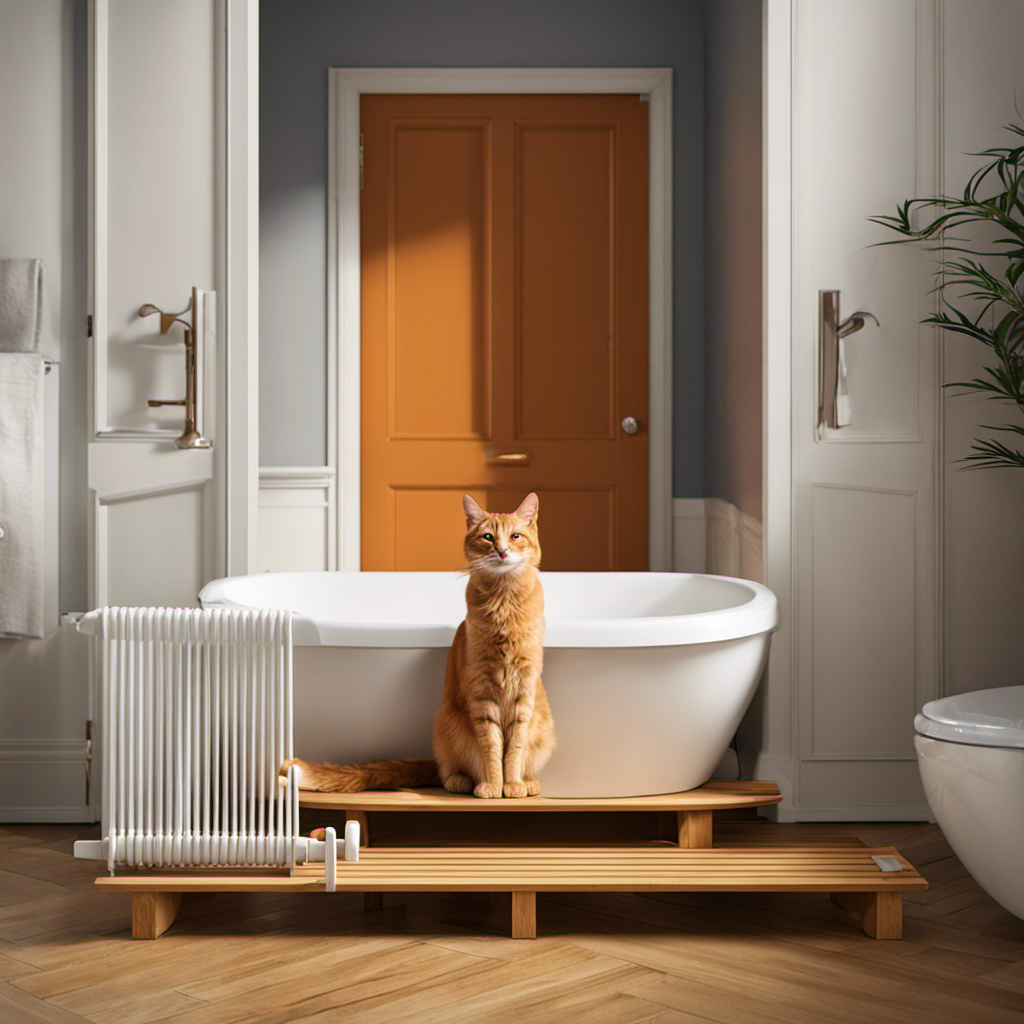 An image showcasing a playful orange tabby cat sitting on a high shelf adjacent to a closed bathroom door, while a strategically placed baby gate blocks the entrance to the inviting, water-filled bathtub