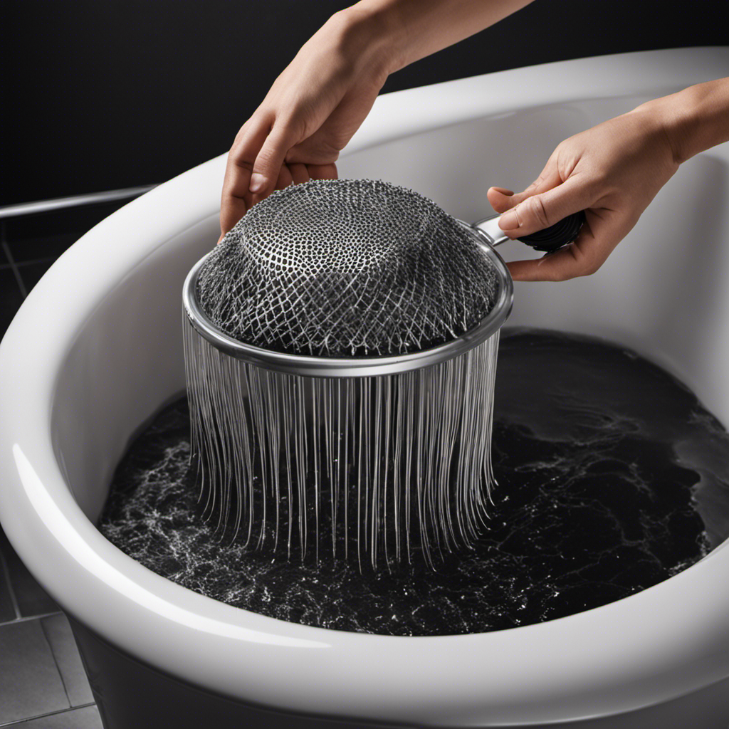 An image of a person holding a mesh drain strainer over a bathtub filled with strands of hair, illustrating the step-by-step process of preventing clogged drains