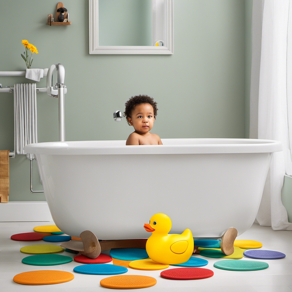 An image showcasing a toddler-proof bathtub: In a brightly lit bathroom, a secure lock system is depicted on the faucet handles, surrounded by a playful rubber ducky and colorful non-slip mats to deter any wandering fingers