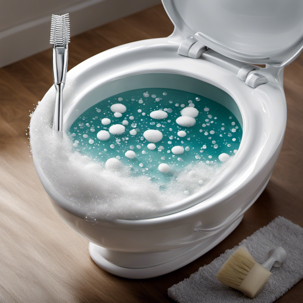 An image of a sparkling white toilet bowl with water droplets cascading down its glossy surface