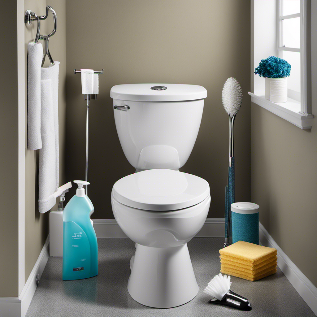 An image featuring a sparkling, pristine toilet bowl surrounded by a variety of cleaning tools - a scrub brush, disinfectant spray, microfiber cloth - to visually demonstrate effective techniques for maintaining optimal toilet cleanliness