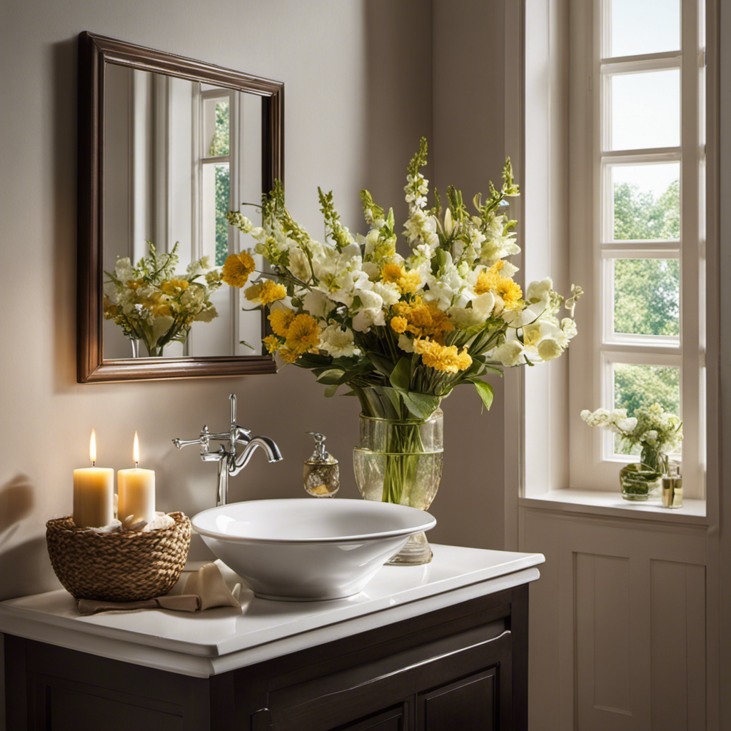An image of a sparkling clean bathroom with a bouquet of fragrant flowers on the sink, a neatly folded towel, a scented candle lit nearby, and a fresh, open window inviting a gentle breeze