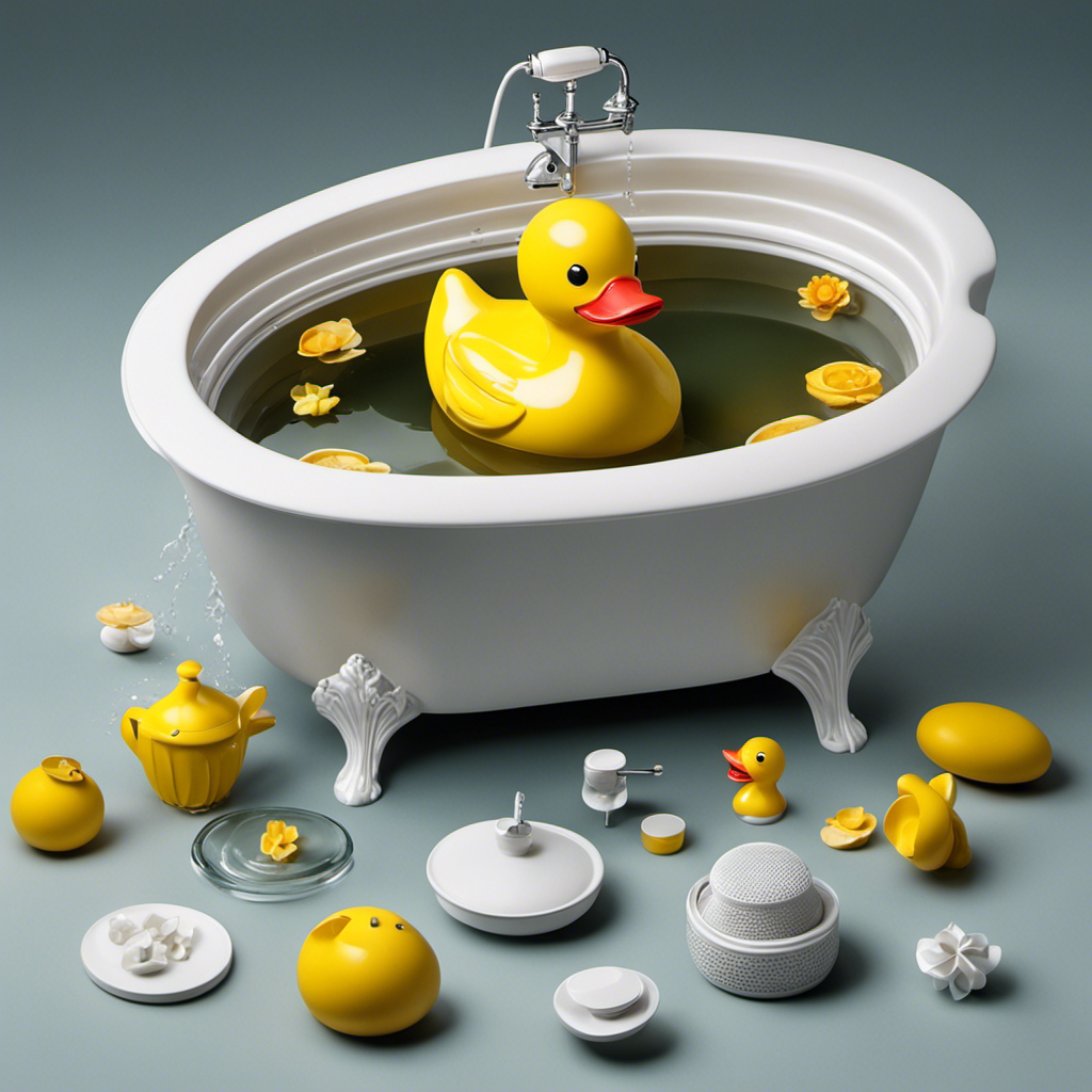 An image capturing a bathtub filled with water, revealing a rubber duck floating on the surface, while an inventive collection of household objects creatively plug the drain, preventing water from escaping