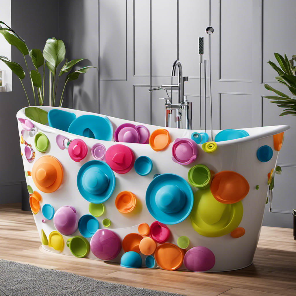 An image featuring a bathtub with a tight-fitting rubber plug, surrounded by an array of colorful, adhesive suction cups firmly attached to the tub's surface, forming a watertight seal and preventing any water from escaping