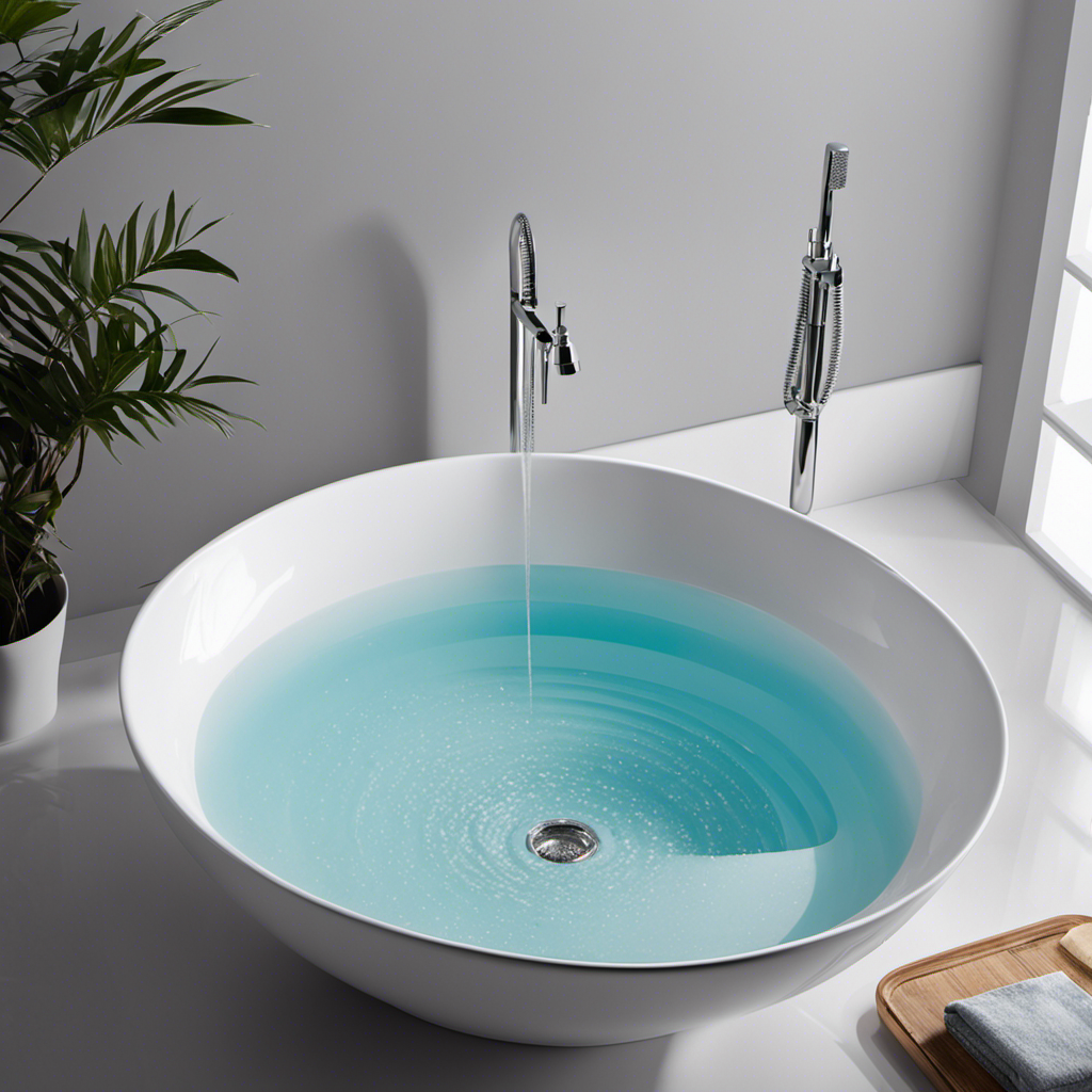 An image showcasing a perfectly fitted rubber stopper sealing a gleaming white bathtub drain, while water cascades from a shiny chrome faucet, the pristine surface reflecting the ambient light