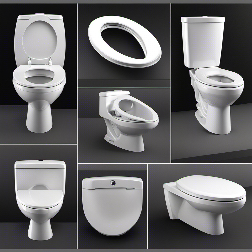 An image showcasing various toilet seats with different sizes, shapes, and measurements