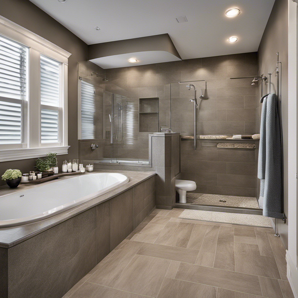 An image showcasing a spacious, open-concept bathroom with a sturdy grab bar seamlessly integrated into the bathtub's sleek design
