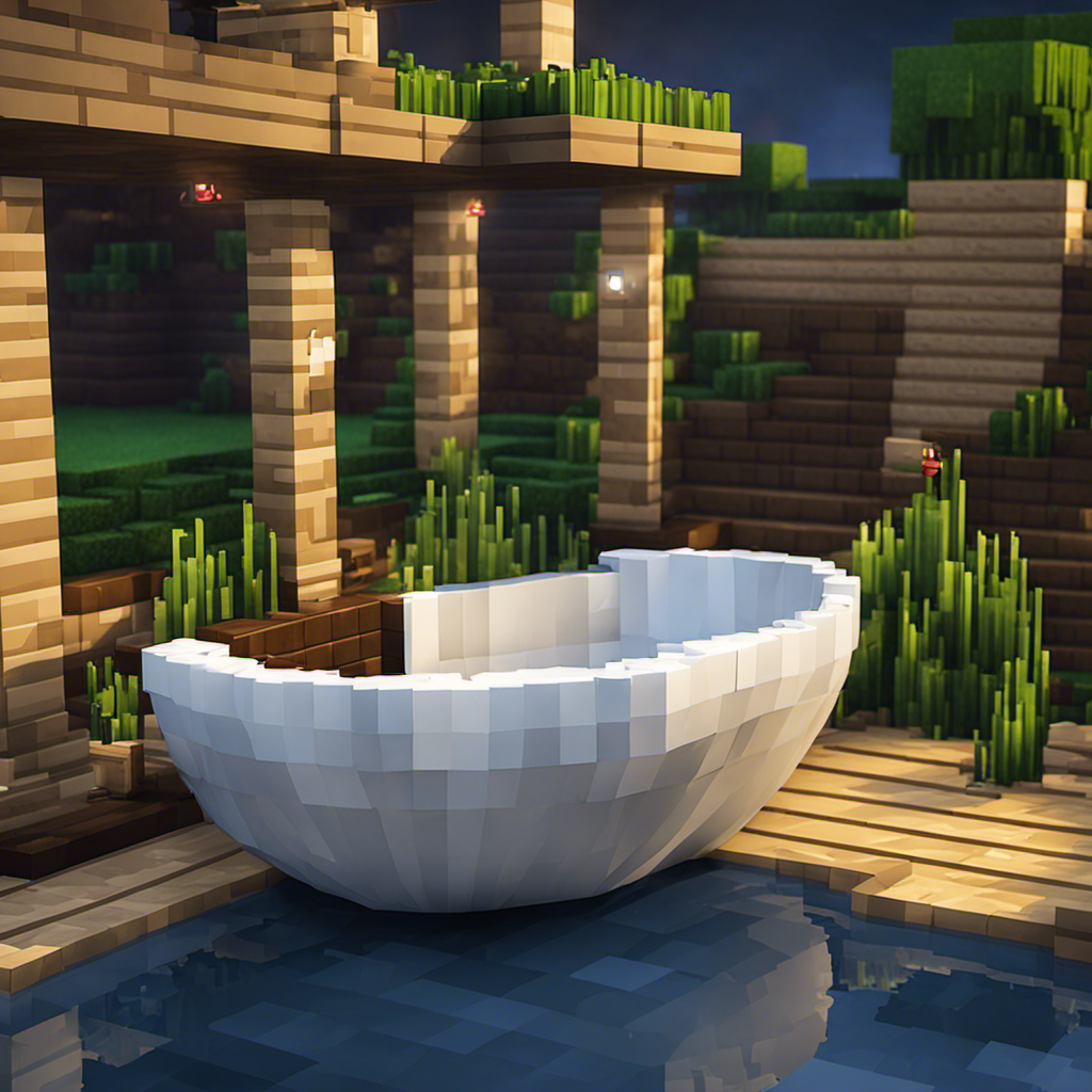 An image capturing the step-by-step process of constructing a luxurious bathtub in Minecraft
