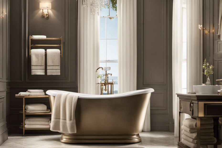 An image showcasing a serene bathroom scene with a luxuriously cushioned bathtub, adorned with plush towels and bath accessories, evoking comfort and relaxation