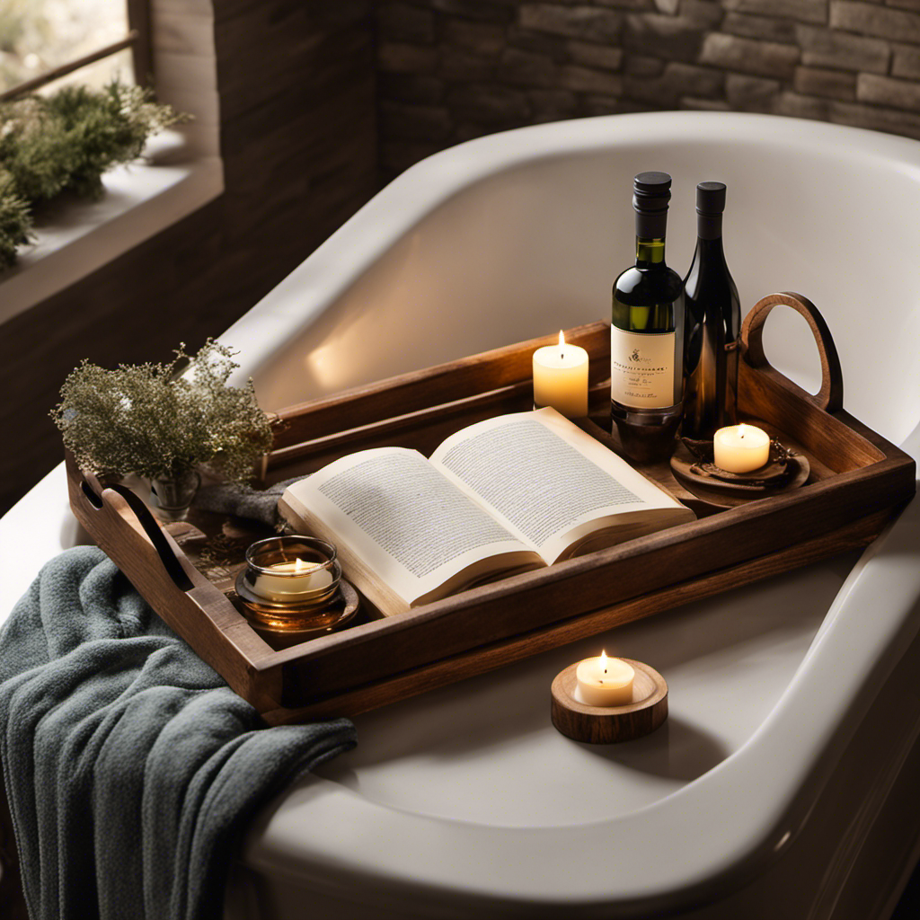 An image depicting a serene bathroom scene with a rustic wooden bathtub tray adorned with a scented candle, a book, a glass of wine, and a plush towel, showcasing the process of crafting a personalized bathtub tray