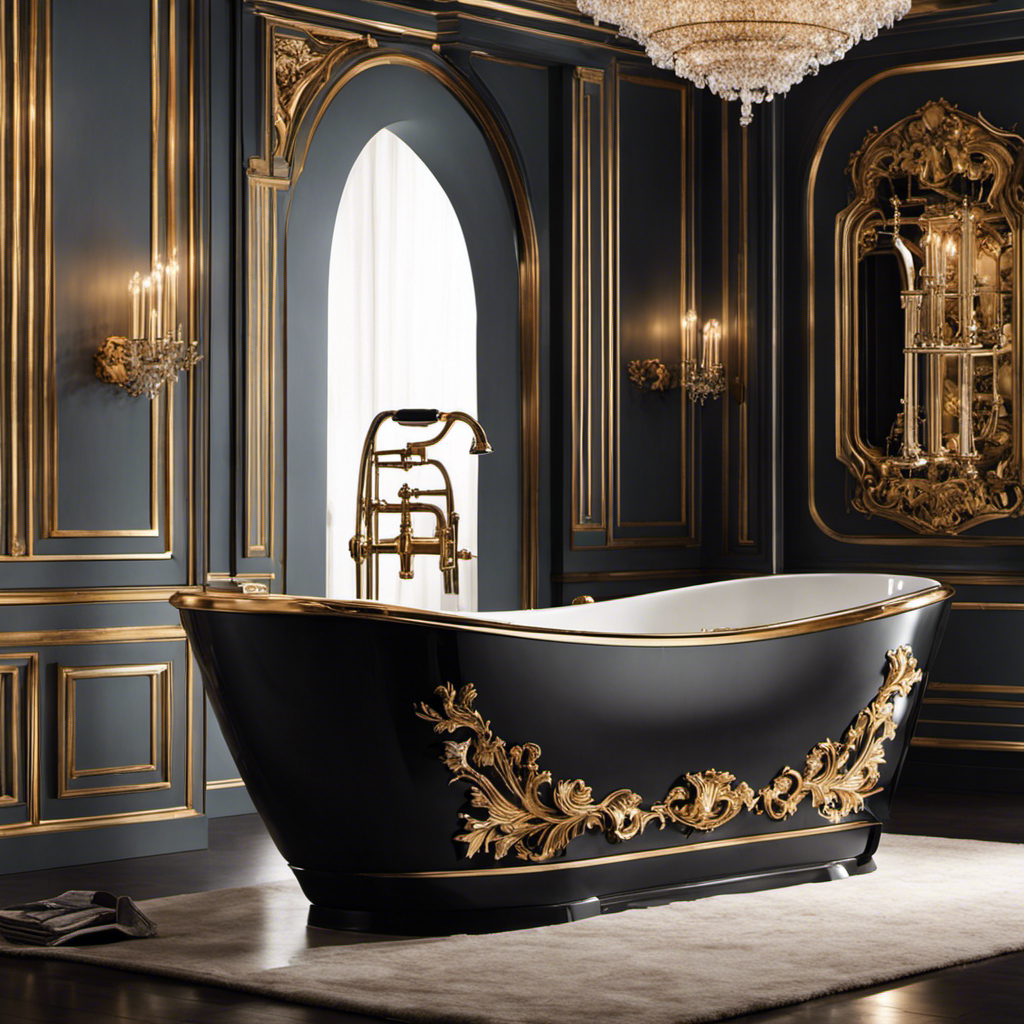A captivating image showcasing the step-by-step process of handcrafting a luxurious bathtub from scratch: from carving the wooden frame, meticulously welding the metal interior, to expertly applying layers of glossy enamel