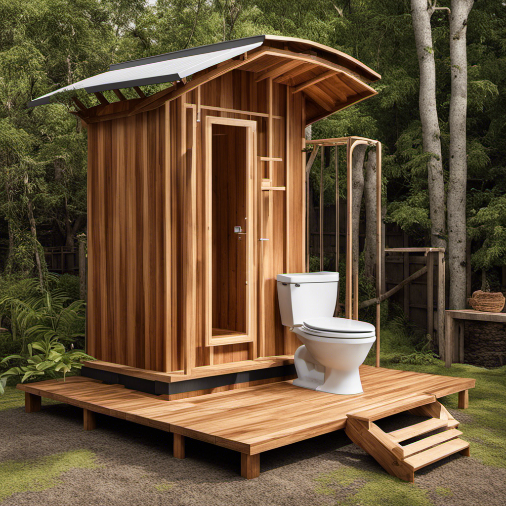 An image that showcases the step-by-step process of constructing a composting toilet, featuring a wooden frame, a composting chamber with ventilation pipes, a toilet seat, and a handle for rotating the compost