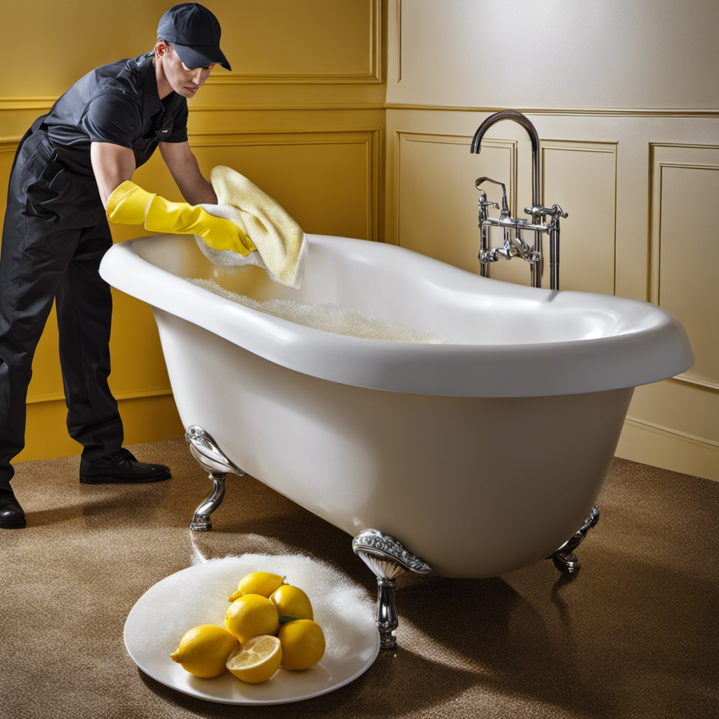 An image featuring a gloved hand vigorously scrubbing a dull fiberglass bathtub with a mixture of baking soda and lemon juice, revealing a sparkling surface
