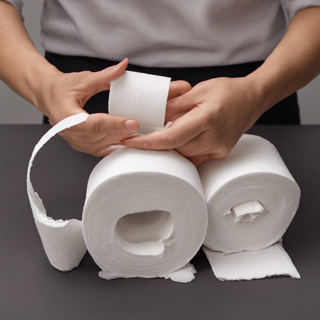 An image featuring a pair of hands tearing off several layers of white, absorbent toilet paper