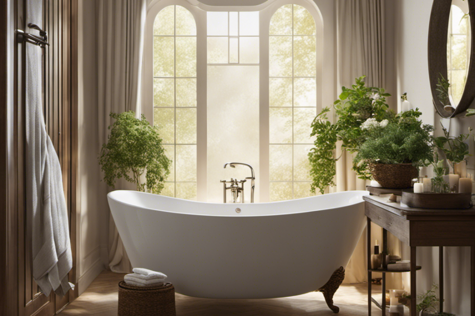 An image capturing a serene bathroom scene: A partially filled bathtub with warm water, a delicate blend of soothing herbs floating on the surface, a fluffy towel nearby, and a person seated comfortably, enjoying a relaxing sitz bath