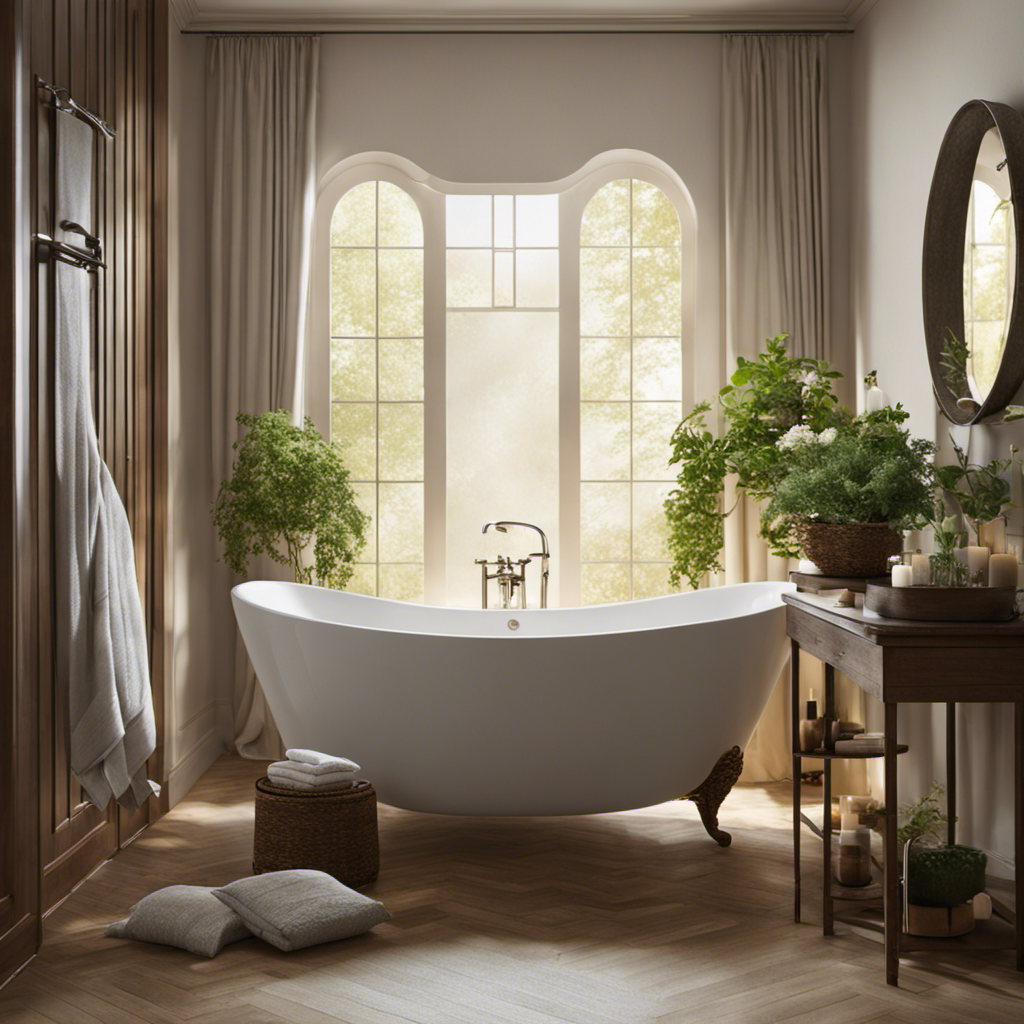 An image capturing a serene bathroom scene: A partially filled bathtub with warm water, a delicate blend of soothing herbs floating on the surface, a fluffy towel nearby, and a person seated comfortably, enjoying a relaxing sitz bath