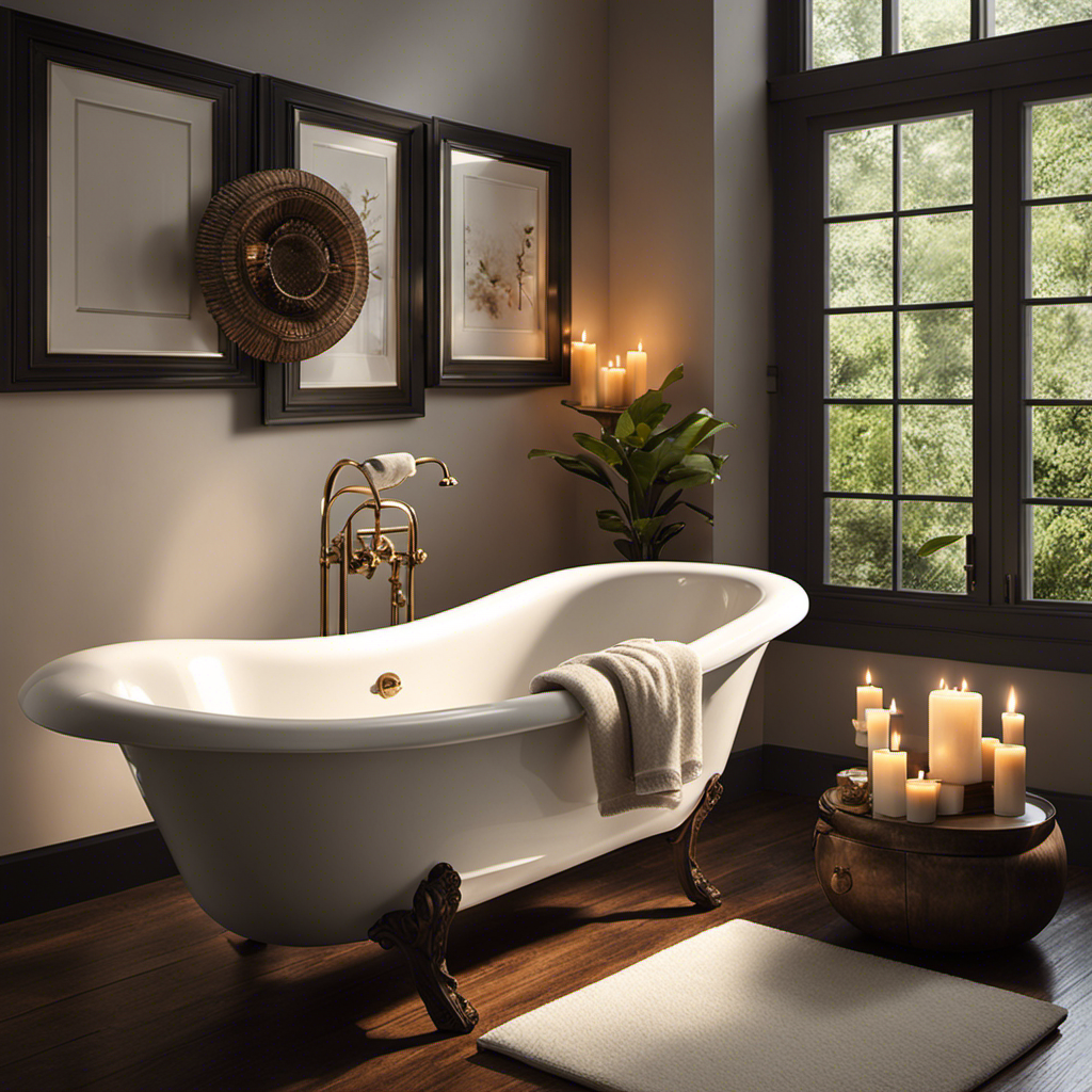 An image showcasing a serene bathroom scene with a small bathtub transformed into a cozy oasis