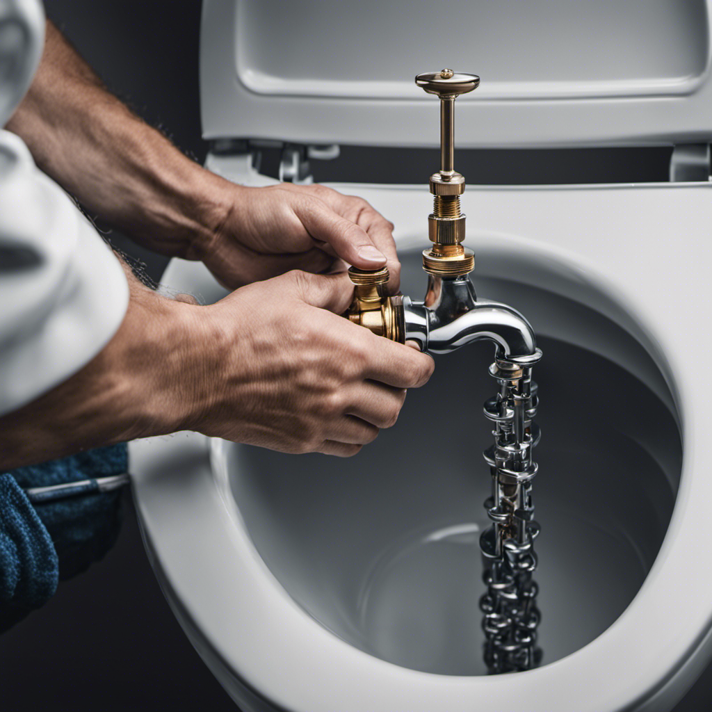 An image showcasing a close-up of a plumber's hand adjusting the water level in the toilet tank while demonstrating the proper positioning and tightening of the flapper valve chain, highlighting the key steps to optimize flushing efficiency