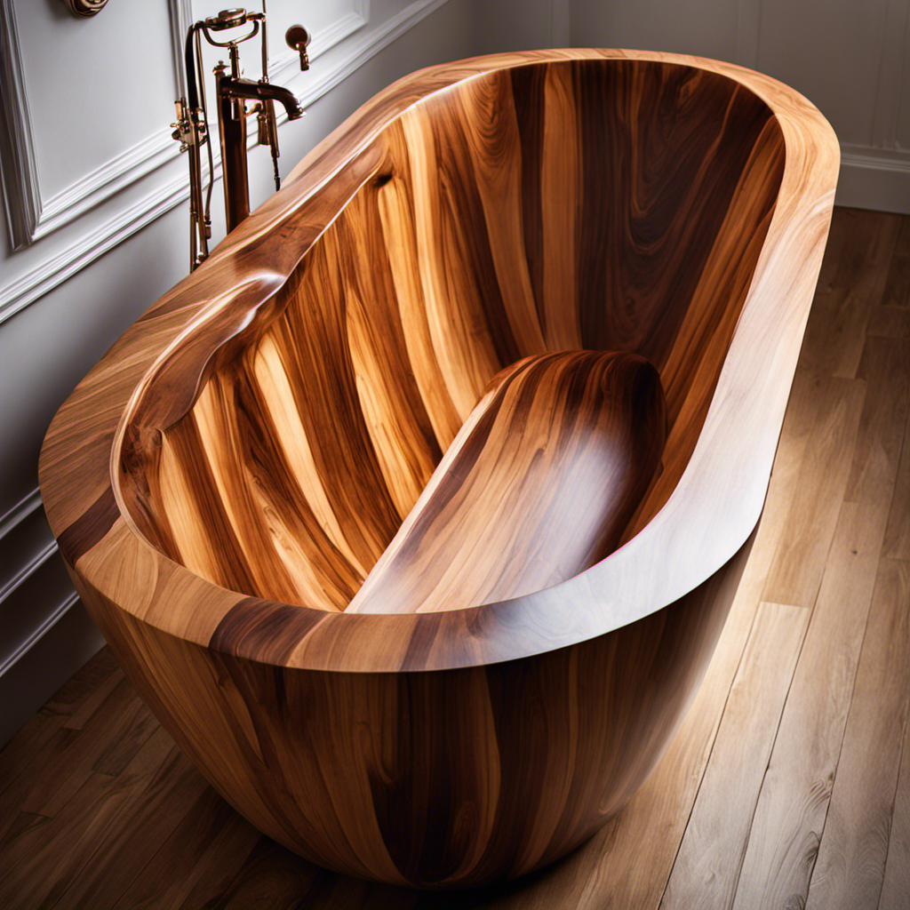 An image showcasing the step-by-step process of crafting a luxurious wooden bathtub: a carpenter skillfully carving the tub's curves, meticulously sanding the smooth surface, and finally, applying a rich coat of protective varnish