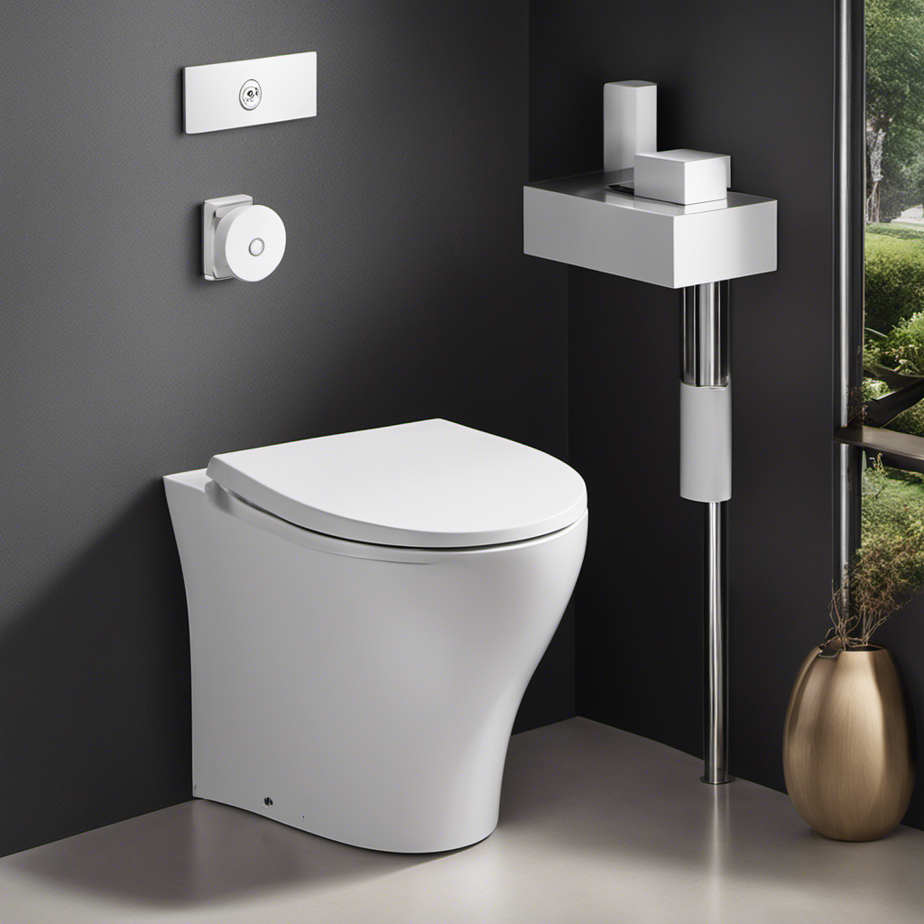 An image showcasing a hands-free toilet flushing system: a motion sensor positioned above a modern toilet, detecting a user's presence, triggering a flushing mechanism, and water cascading into the bowl