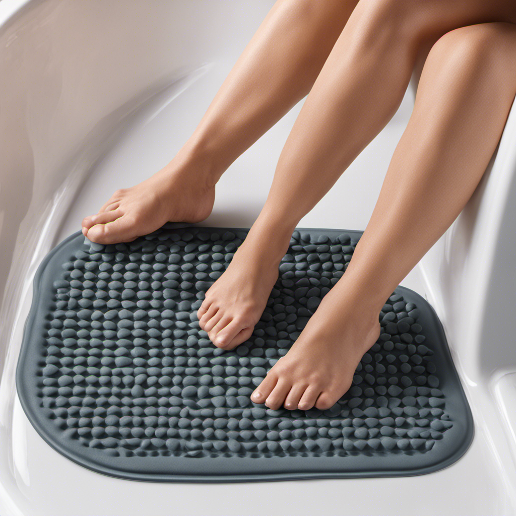 An image showcasing a person stepping onto a bathtub mat with suction cups, firmly securing it against the tub's smooth surface