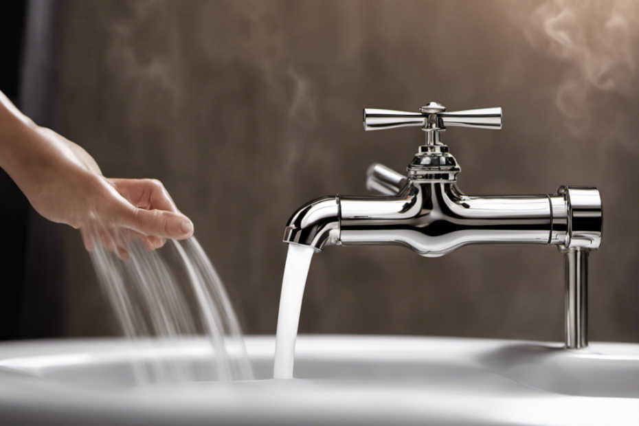 An image showcasing a close-up of a hand turning the hot water tap on a bathtub, with steam rising from the running water, demonstrating the process of making bathtub water hotter