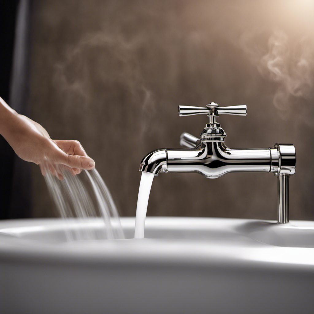 An image showcasing a close-up of a hand turning the hot water tap on a bathtub, with steam rising from the running water, demonstrating the process of making bathtub water hotter