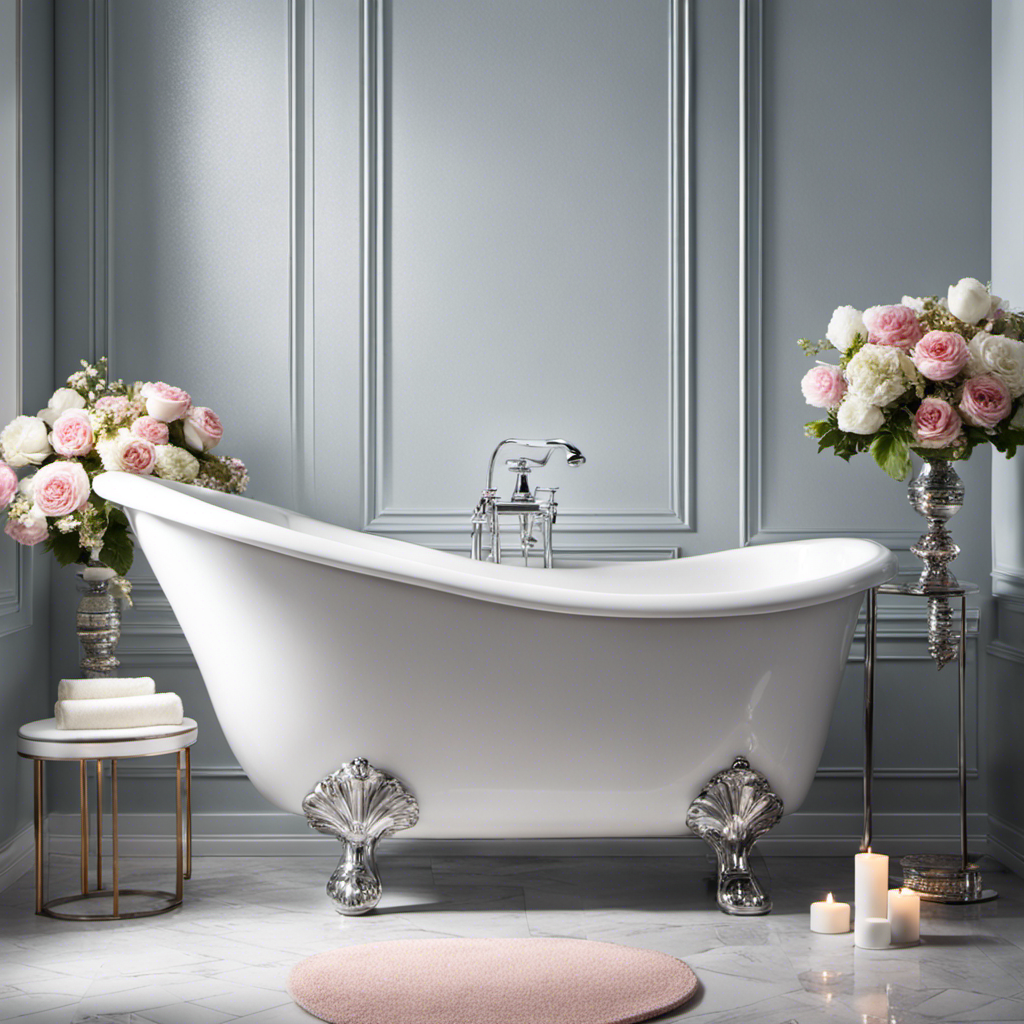 An image showcasing a sparkling, pristine bathtub with gleaming white porcelain, surrounded by freshly tiled walls, adorned with a sparkling chrome faucet, and accented by a fluffy, plush towel and a bouquet of fragrant flowers