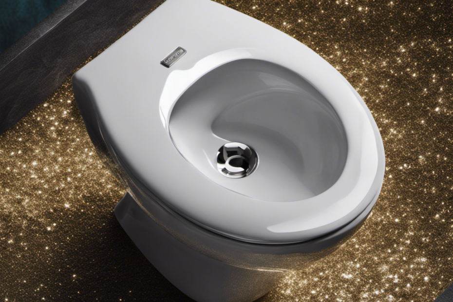 An image depicting a close-up view of a toilet bowl with crystal-clear water, surrounded by a sparkling, stainless steel flush handle, demonstrating a perfectly smooth and powerful flush in action