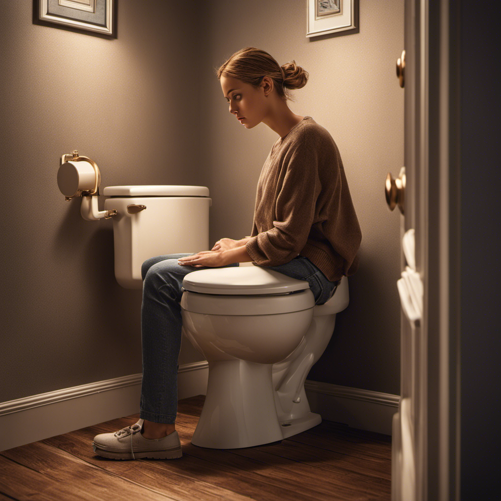 An image showcasing a person seated on a toilet, leaning forward slightly, with a calm expression on their face