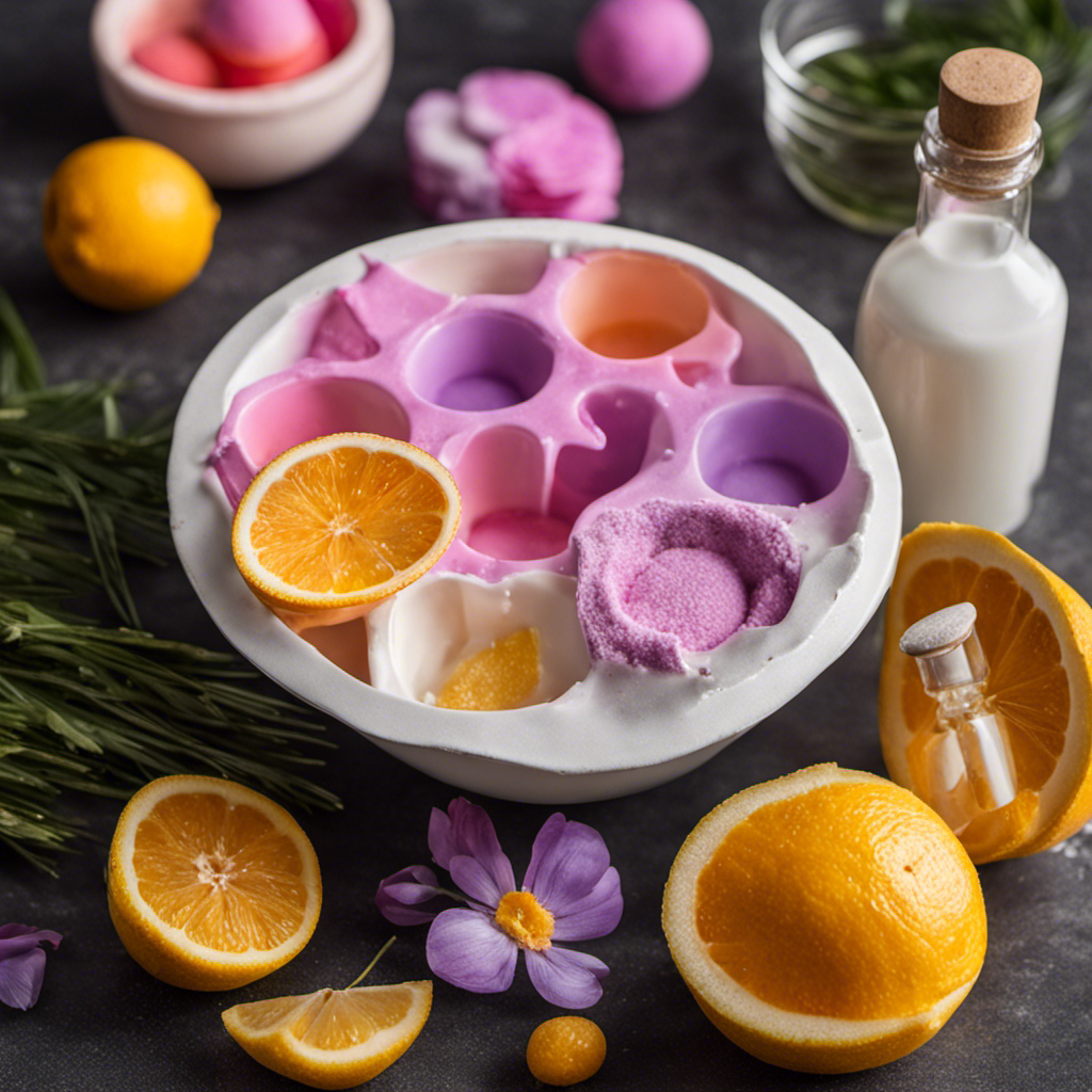 An image showcasing the step-by-step process of crafting toilet bombs, capturing the precise pouring of baking soda and citric acid into a mixing bowl, followed by the addition of essential oils and molding into small spheres