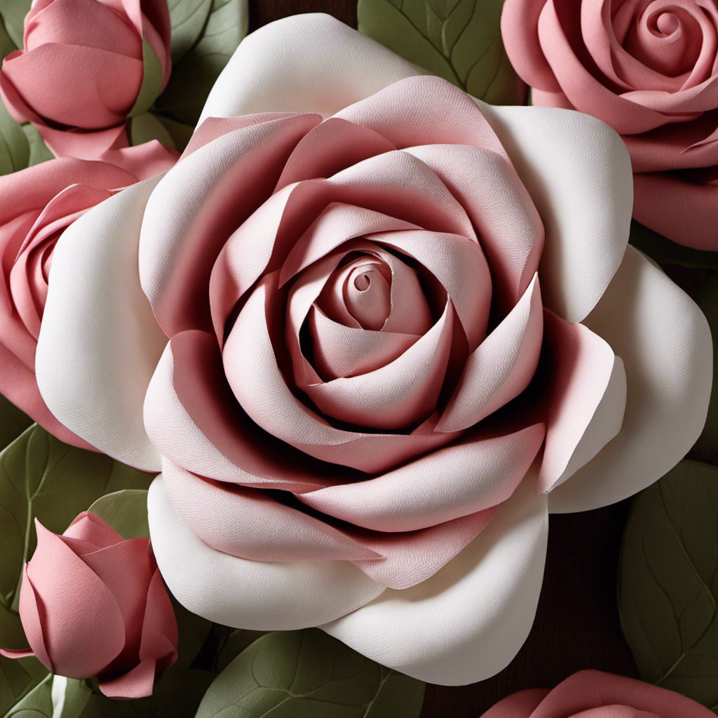 An image showcasing the step-by-step process of transforming a roll of toilet paper into a beautiful rose: folding, shaping, and fluffing the delicate layers until it blossoms into a stunning paper flower
