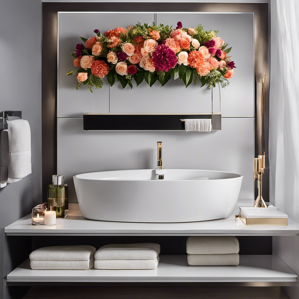 An image showcasing a sparkling clean bathroom with a bouquet of fresh flowers placed on a sleek vanity
