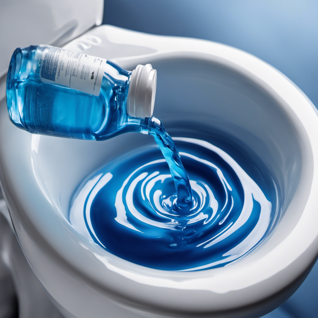 An image showcasing a pair of latex gloves holding a transparent blue toilet bowl cleaner bottle, with vibrant blue liquid pouring out, delicately forming a swirling pattern as it effortlessly fills the water, transforming it into a refreshing and invigorating shade of blue